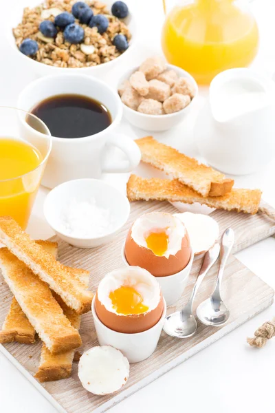 Delicious breakfast with soft boiled eggs and crispy toasts — Stock Photo, Image