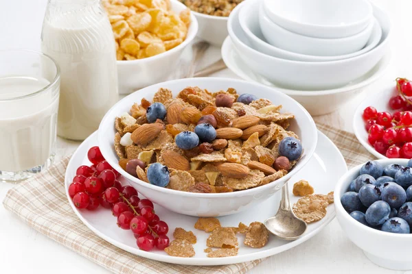 Snídaně s obilovinami vločky, ořechy a bobule — Stock fotografie