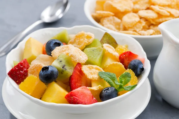 Tigela de salada de frutas frescas com flocos de milho, horizontal — Fotografia de Stock