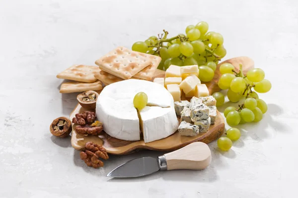 Camembert, uva e cracker su fondo bianco — Foto Stock
