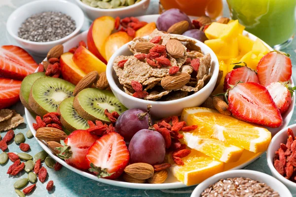 fresh seasonal fruits, juices and super foods, closeup