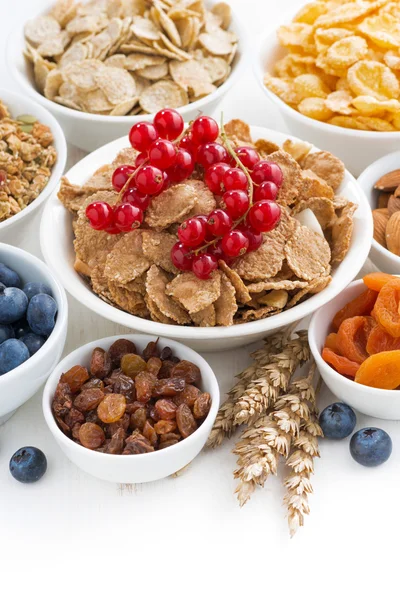 Választék a különböző reggeli gabonafélék, szárított gyümölcsök — Stock Fotó