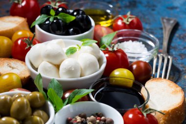 Mozzarella peyniri, taze malzemelerle salata ve ekmek