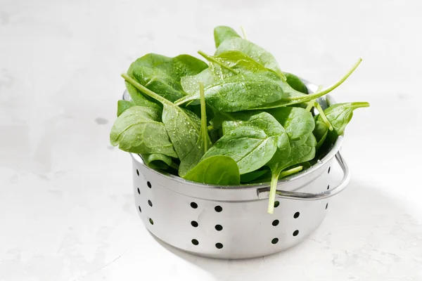 Fresh clean spinach in a metal colander — Stock Photo, Image