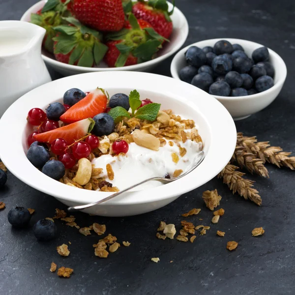 Gebackenes Müsli mit frischen Beeren und Joghurt — Stockfoto