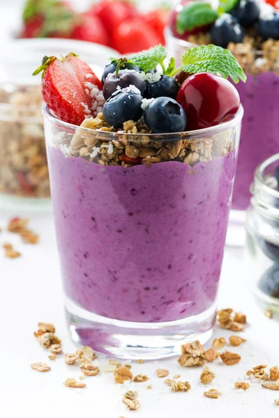 Blueberry dessert dengan granola pada latar belakang putih, closeup — Stok Foto