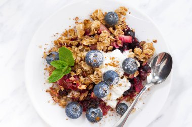 Berry kek yulaf gevreği ve yaban mersini, üstten görünüm portre ile