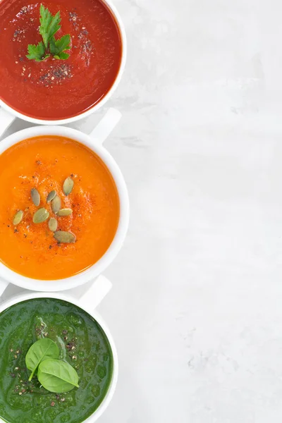 Renkli sebze krem çorba çeşitleri — Stok fotoğraf