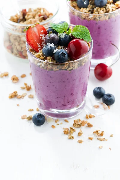 Blueberry dessert med färska bär och granola — Stockfoto