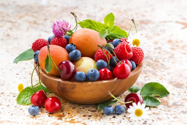 Tigela com frutas e bagas sazonais, close-up — Fotografia de Stock