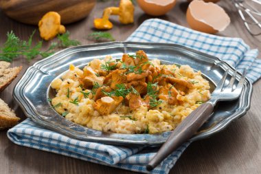 sahanda yumurta chanterelles ve otlar, yatay