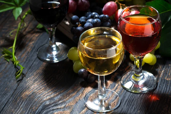 Assortment different wine on dark wooden table, top view — Stock Photo, Image