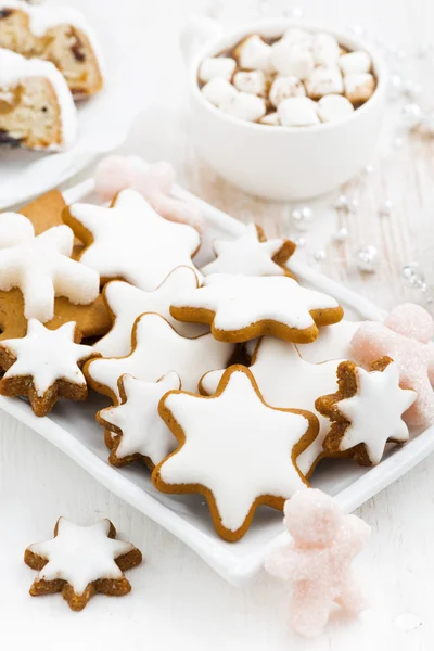 Assortment gingerbread cookies, Christmas Stollen and cocoa — Stock Photo, Image
