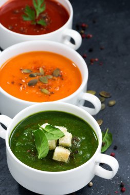 karanlık bir arka plan üzerinde taze sebze krem çorba çeşitleri