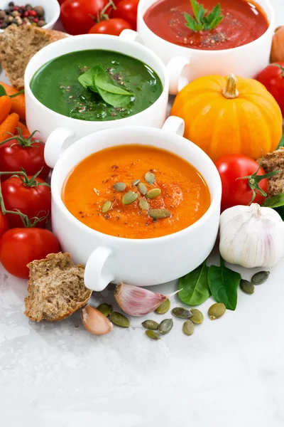 Surtido de sopas frescas de crema vegetal e ingredientes — Foto de Stock