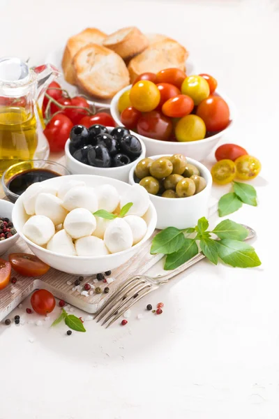 Ingredientes para ensalada con mozzarella sobre mesa blanca, vertical —  Fotos de Stock