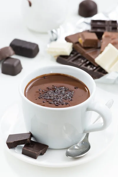 Hot chocolate on a white table, closeup — Stock Photo, Image