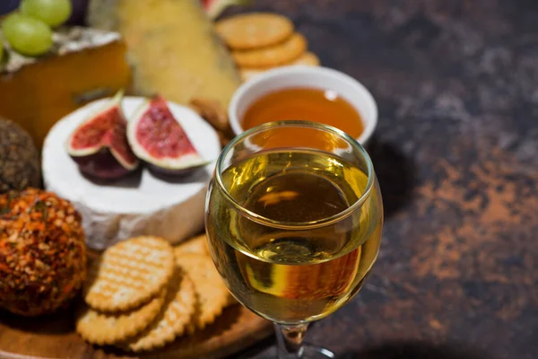 Gourmet Cheeses Glass White Wine Closeup Stock Picture