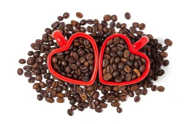 Red Cups Form Hearts Coffee Beans Top View — Stock Photo, Image