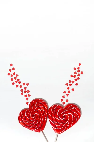 Red Sugar Candy Stick Shape Heart Vertical Top View — Foto Stock