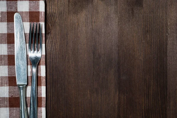 Cubiertos Una Servilleta Cocina Fondo Madera Para Recetas Vista Superior —  Fotos de Stock