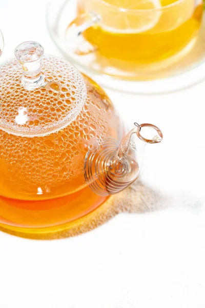 Glass Teapot Hot Tea Lemon Vertical Closeup — Stock Photo, Image