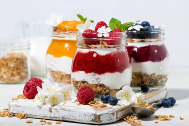 Beyaz arka planda kavanozlarda granola, meyve püresi ve meyve püresi olan tatlılar, yatay yakın plan