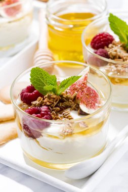 Ballı Yunan yoğurdu ve taze incir, yakın plan.