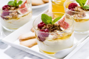 Ballı ve taze incirli Yunan yoğurdu, yakın plan, yatay