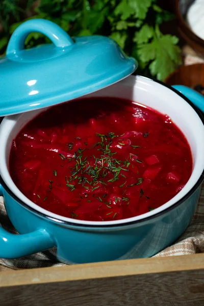 Plato Tradicional Ruso Borsch Fresco Con Crema Agria Eneldo Primer — Foto de Stock