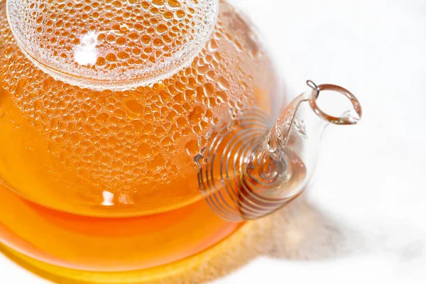 Glass Teapot Hot Tea Closeup Horizontal — Stock Photo, Image