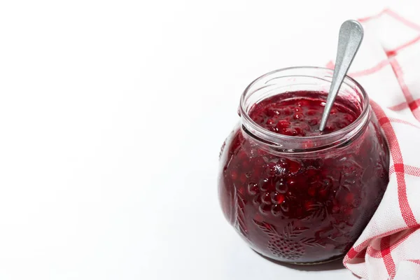 Tarro Con Mermelada Fresa Dulce Sobre Mesa Blanca Horizontal — Foto de Stock