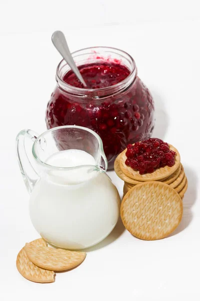 Jug Milk Cookies Cranberry Jam White Table Top View Vertical — Stock Photo, Image