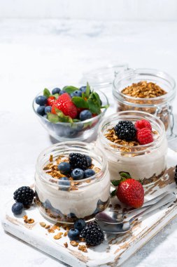 Beyaz arka planda taze böğürtlen ve dikey manzaralı sağlıklı kremalı tatlı.