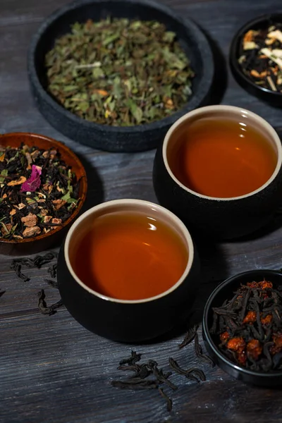 Assortment Fragrant Tea Black Floral Herbal Drinks Top View — Stock Photo, Image