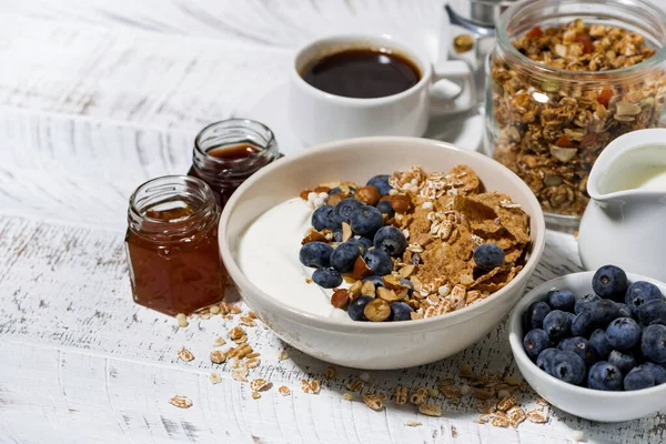 健康的な全粒フレークのボウル 朝食のための天然ヨーグルトと新鮮なブルーベリー 水平方向のトップビュー — ストック写真