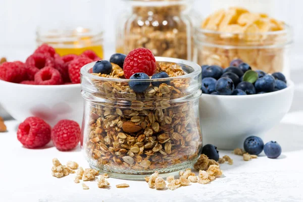 Gezonde Producten Voor Ontbijt Granola Verse Bessen Witte Achtergrond Close — Stockfoto