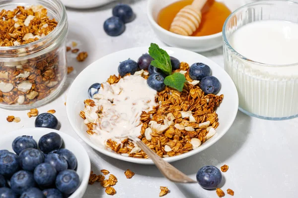 Homemade Coconut Granola Blueberries Yogurt Breakfast Top View Horizontal — Stock Photo, Image