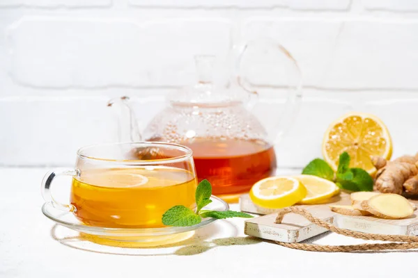 Healthy Tea Immunity Ginger Lemon Mint White Background Closeup Horizontal — Stock Photo, Image