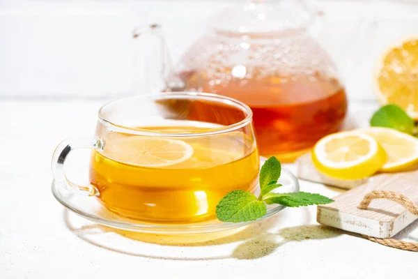 Healthy Tea Immunity Ginger Lemon Mint Closeup Horizontal — Stock Photo, Image