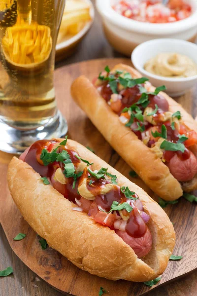 Hot Dogs Tomato Salsa Onions Close Vertical — Stock Photo, Image