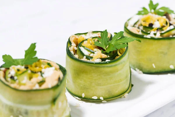 Healthy Vegetarian Rolls Cucumber Hummus Closeup Stock Picture