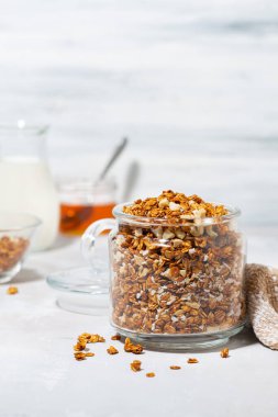 Hindistan cevizli ve fındıklı ev yapımı granola, yakın plan.