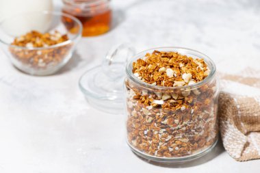 Hindistan cevizi ve fındıklı ev yapımı granola, yakın plan.