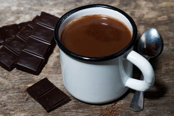 Caneca Chocolate Doce Quente Fundo Madeira Close Horizontal — Fotografia de Stock