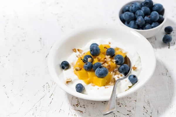 Tjock Grekisk Yoghurt Med Mango Och Blåbär Vågrät — Stockfoto
