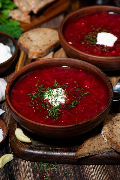 Traditional Russian Dish Borsch Sour Cream Top View — Stock Photo, Image