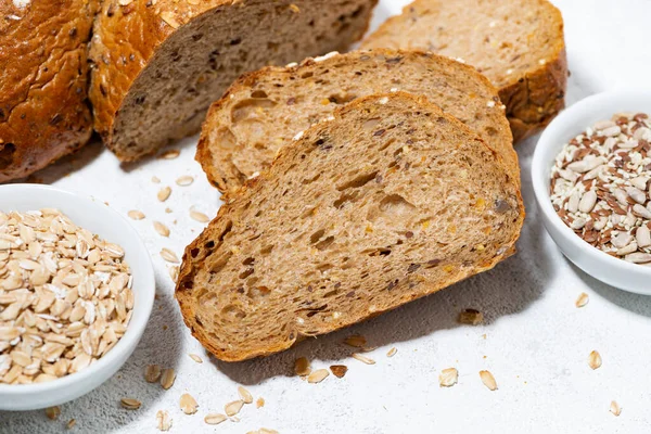 Pane Fresco Con Farina Avena Semi Primo Piano Vista Dall — Foto Stock