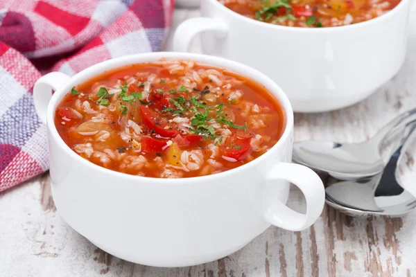 Sopa de tomate com arroz e legumes em uma tigela — Fotografia de Stock