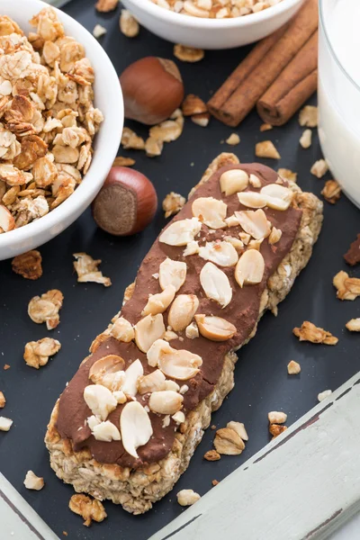 oat bar with chocolate and nuts, top view